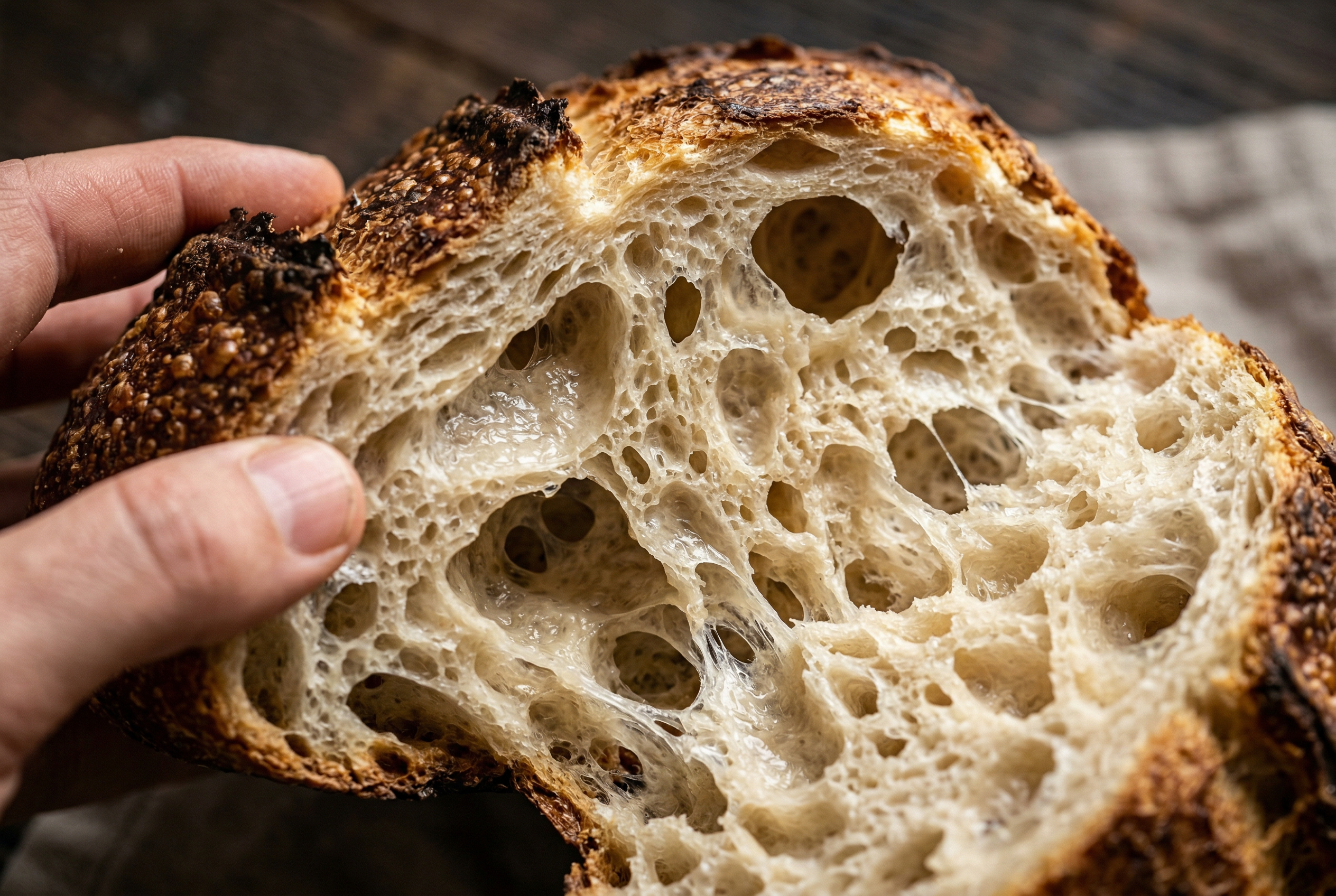 Kirilmis eksi mayali ekmegin acik gozenekli ic dokusu